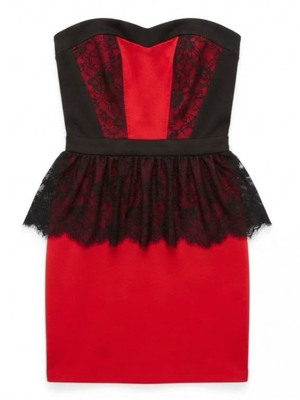 ALMOST FAMOUS Red & Black Lace Strapless Peplum Bodycon Mini Dress Medium